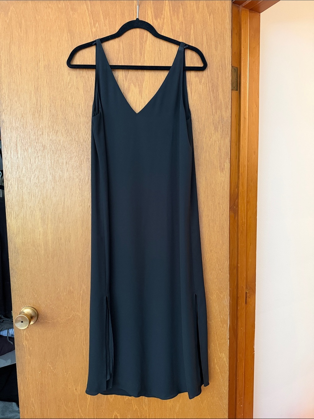 Aritzia Black V-Neck Midi Slip Dress with Side Slits